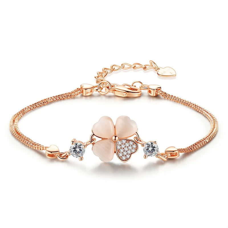S925 Silver Rose & Clear Clover Bracelet Bangle Gift