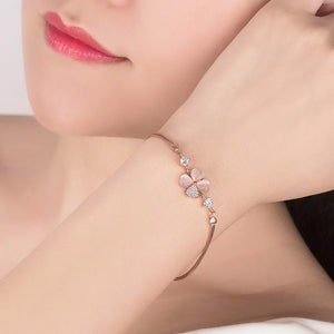 S925 Silver Rose & Clear Clover Bracelet Bangle Gift