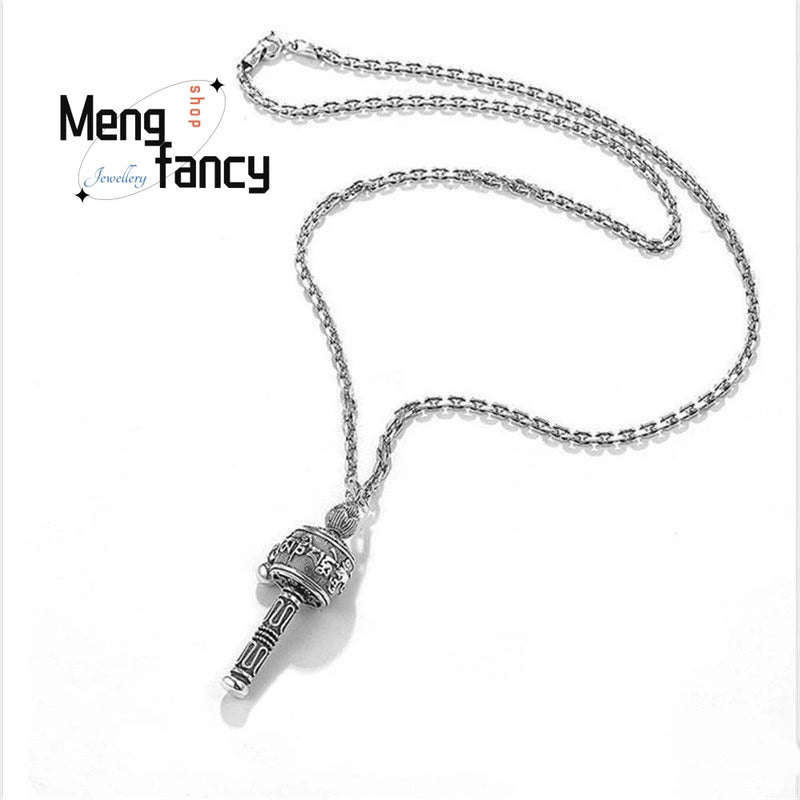 S925 Silver Six Character Sutra Spinner Pendant Necklace