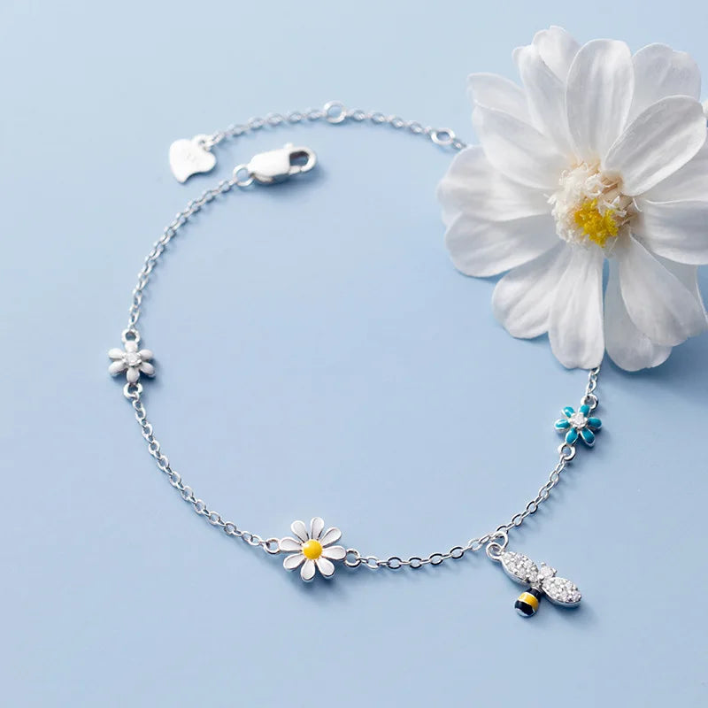 S925 Silver Flower Bracelet with Diamonds and Bee