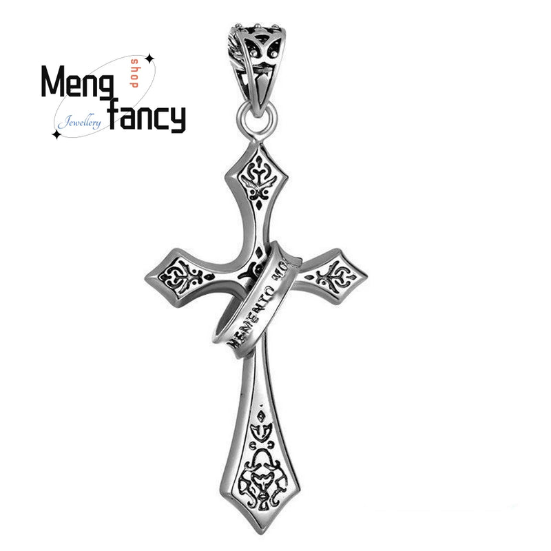 S925 Silver Vintage Cross Pendant Charms Necklace Men Women Jewelry