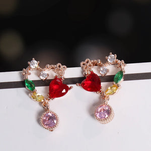 S925 Silver Red Crystal Heart Zircon Earrings Women Fresh Net Red Wild Earrings