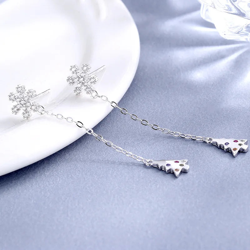 S925 Snowflake Christmas Tree Long Earrings Zircon Tassel Pendant Earrings