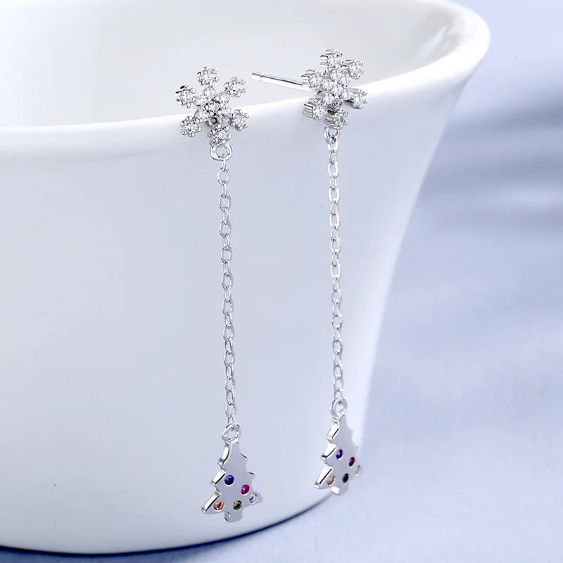 S925 Snowflake Christmas Tree Long Earrings Zircon Tassel Pendant Earrings