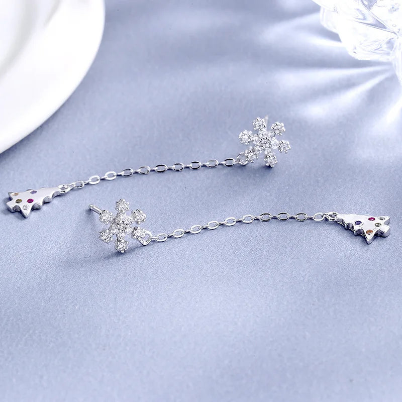 S925 Snowflake Christmas Tree Long Earrings Zircon Tassel Pendant Earrings