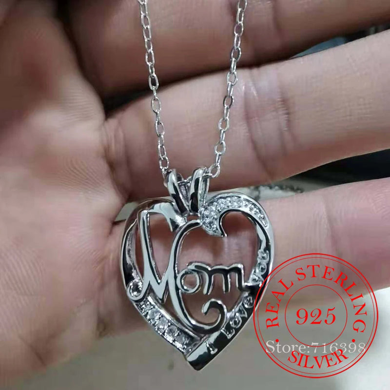 S925 Sterling Silver Mom Heart Crystal Necklace Mother's Gift Christmas