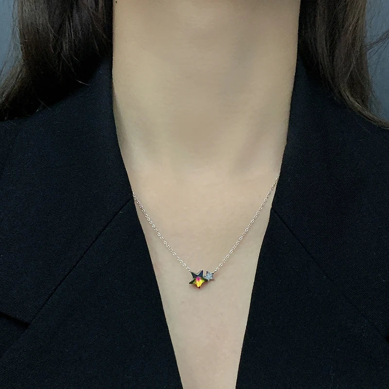 S925 Sterling Silver Star Necklace Austrian Crystal Collarbone Chain