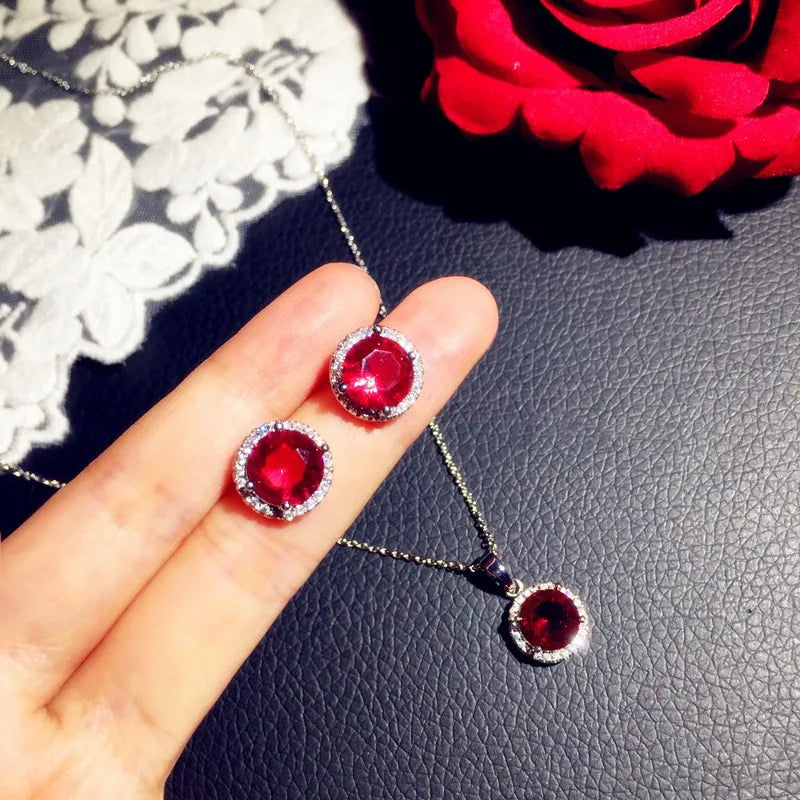 Vintage Ruby Stud Earrings Necklace Set