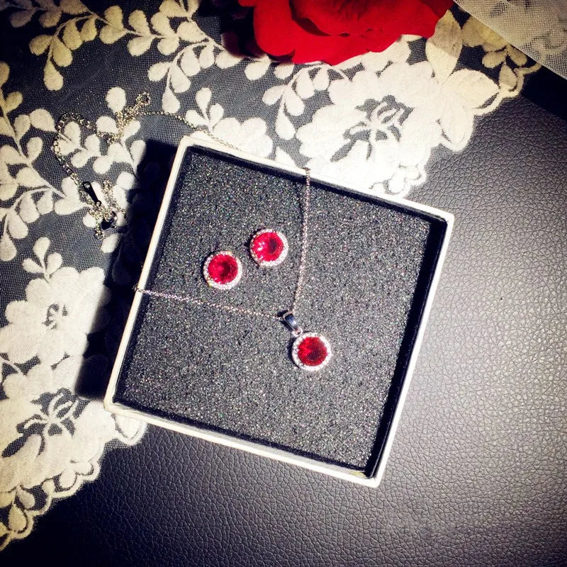 Vintage Ruby Stud Earrings Necklace Set