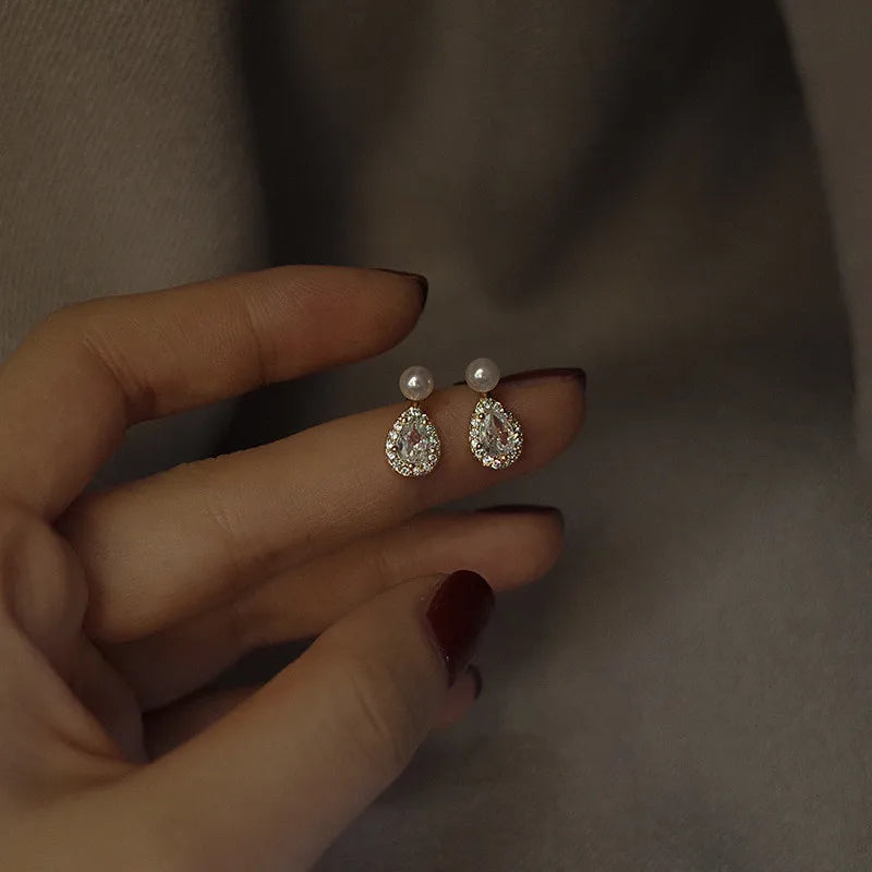 S925 14k Plated Pearl Stud Earrings Water Drop Zircon Earrings