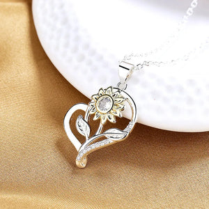 925 Silver Sunflower Heart Necklace AAA Zircon 18 Inches