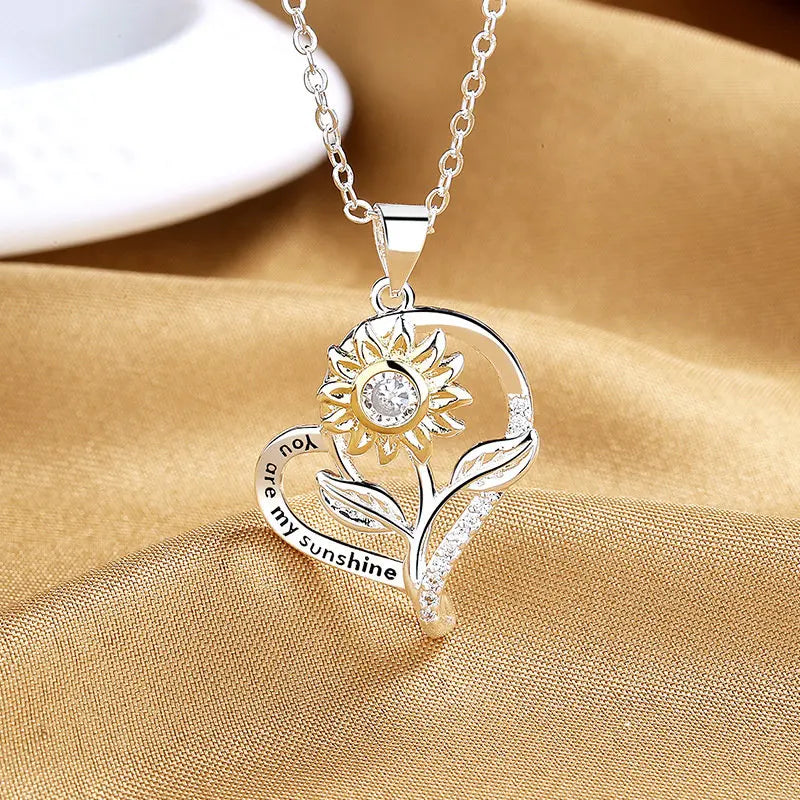 925 Silver Sunflower Heart Necklace AAA Zircon 18 Inches