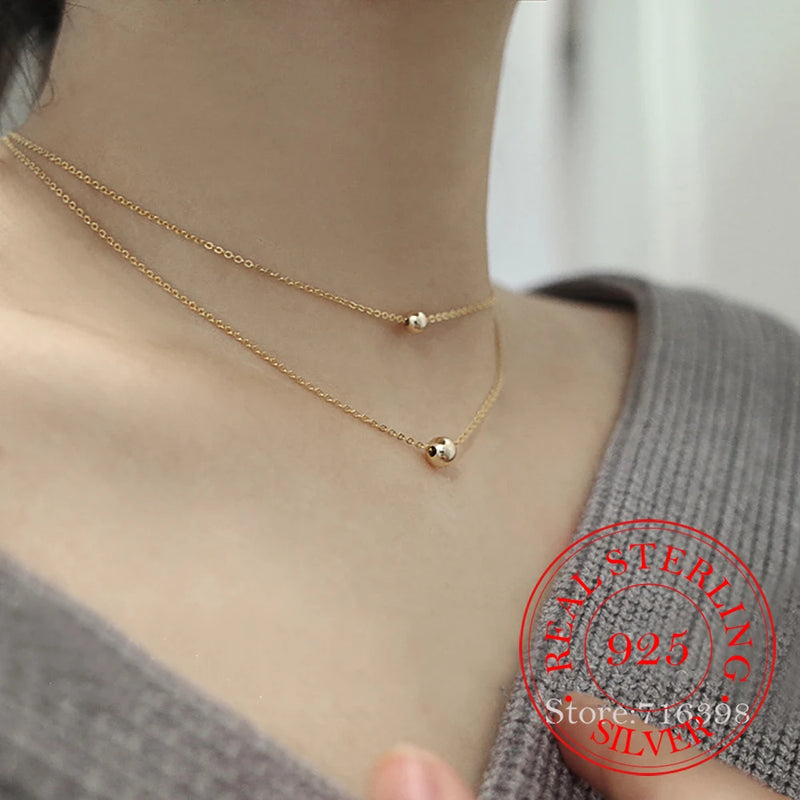 S925 Sterling Silver 2-layer Ball Beads Choker Necklace Pendant