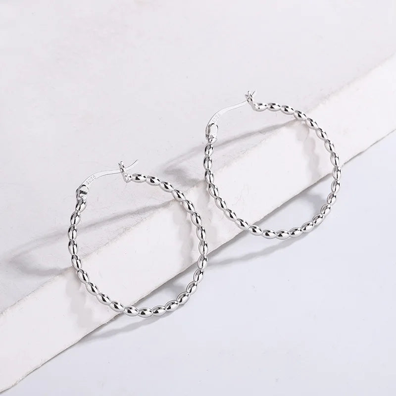 S925 Large Hoop Earrings 32mm Round Bead Ear Buckle for Women