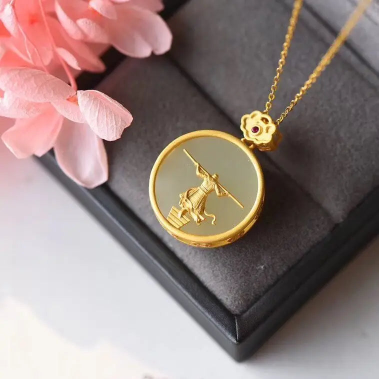 S925 Sterling Silver Hetian Jade Clavicle Chain Great Sage Pendant