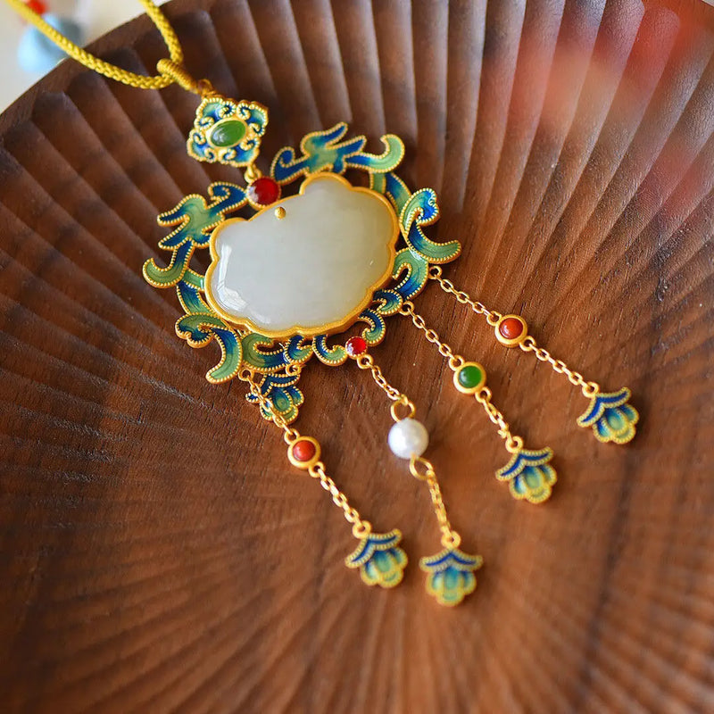 S925 Sterling Silver Ancient Enamel Tassel Pendant Hetian Jade Cloisonne Sweater