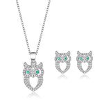 S925 Owl Necklace Earrings Set Sterling Silver Women's Jewelry