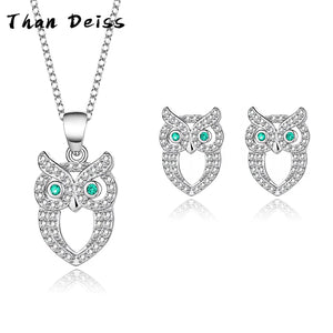 S925 Owl Necklace Earrings Set Sterling Silver Women's Jewelry