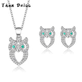 S925 Owl Necklace Earrings Set Sterling Silver Women's Jewelry