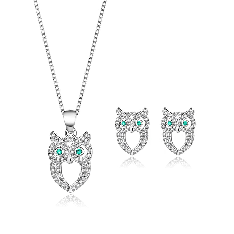 S925 Owl Necklace Earrings Set Sterling Silver Women's Jewelry