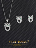 S925 Owl Necklace Earrings Set Sterling Silver Women's Jewelry