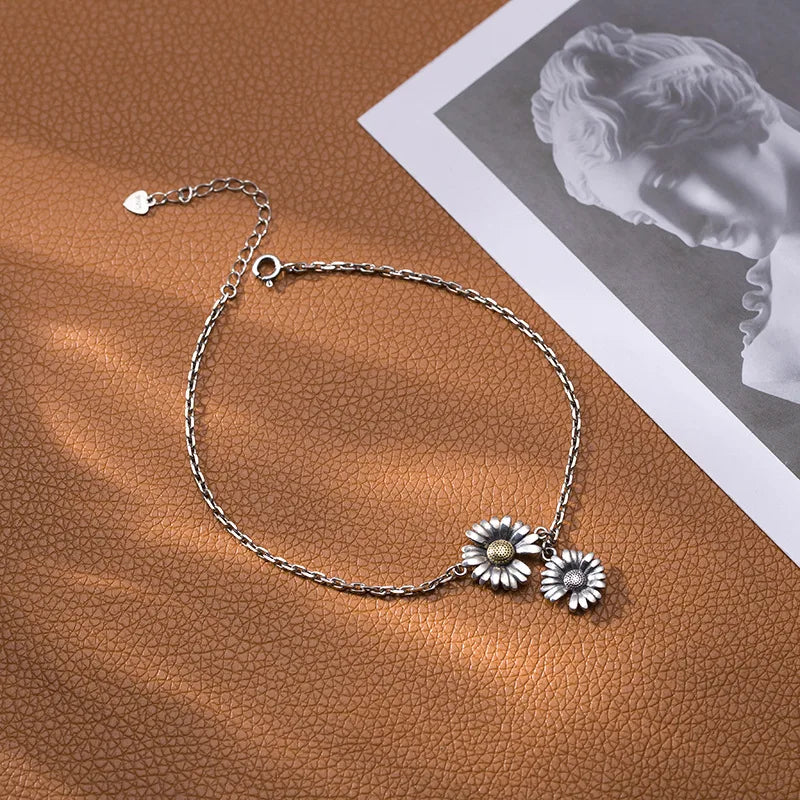 S925 Sterling Silver Anklet Daisy Plant Snake Bone Chain Anklet