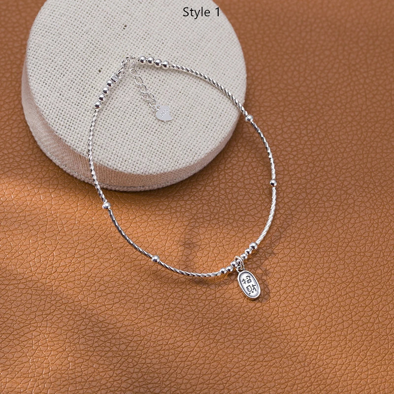 S925 Sterling Silver Anklet Snake Bone Chain Anklet Lucky Round Bead