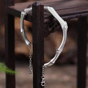 S925 Silver Bamboo Hetian Jade Bracelet Chinese Retro Style Ethnic Open Silver