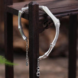 S925 Silver Bamboo Hetian Jade Bracelet Chinese Retro Style Ethnic Open Silver