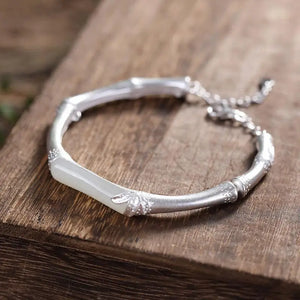 S925 Silver Bamboo Hetian Jade Bracelet Chinese Retro Style Ethnic Open Silver