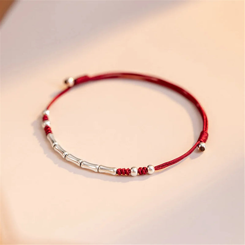 S925 Sterling Silver Bamboo Shape Adjustable Bracelet Red Rope Woven Jewelry