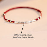 S925 Sterling Silver Bamboo Shape Adjustable Bracelet Red Rope Woven Jewelry