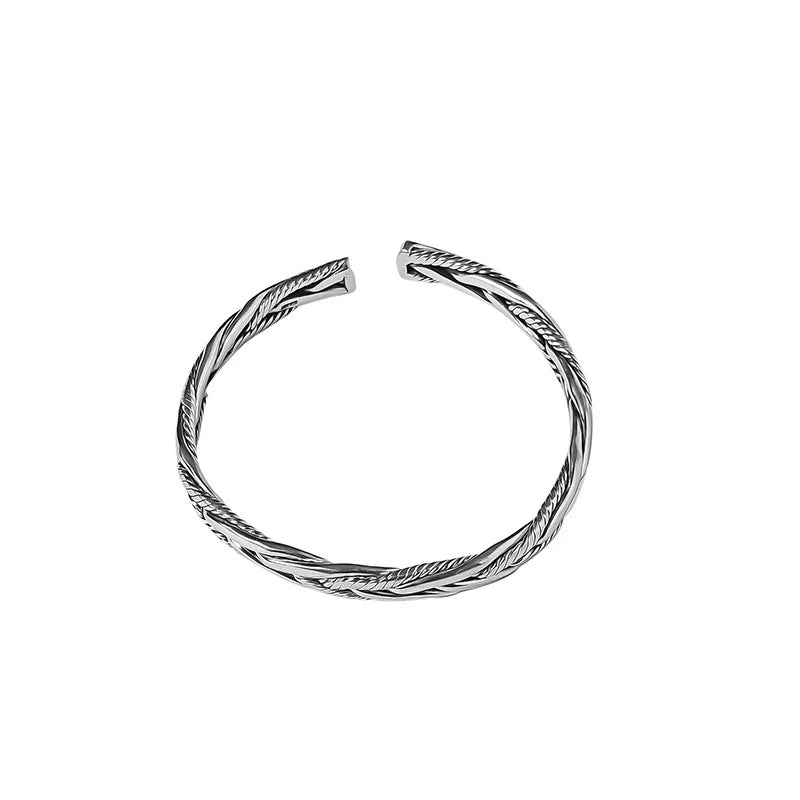 S925 Silver Bangle for Women, Hand Woven Retro Opening Jewelry