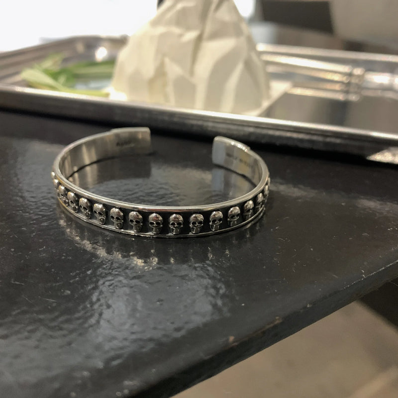 S925 Sterling Silver Skull Bangle Adjustable Jewelry