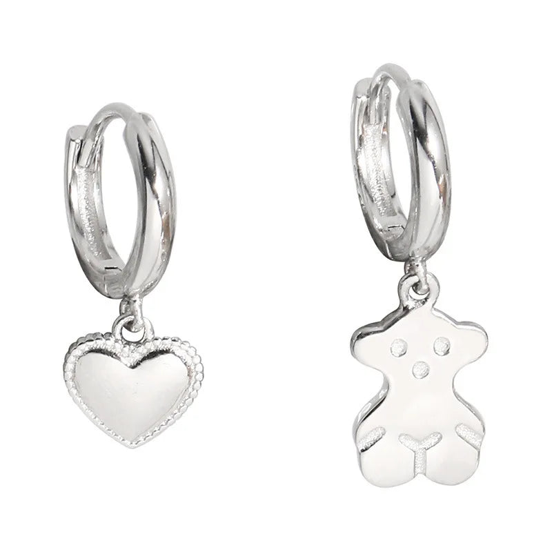 S925 Sterling Silver Bear Love Asymmetric Ear Buckle Earrings