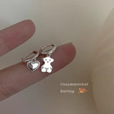 S925 Sterling Silver Bear Love Asymmetric Ear Buckle Earrings