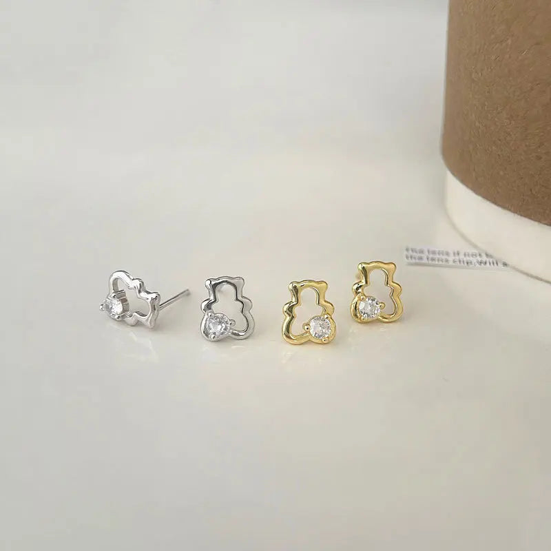 Sterling Silver Bear Mini Earrings Zircon Inlaid Women Party Jewelry