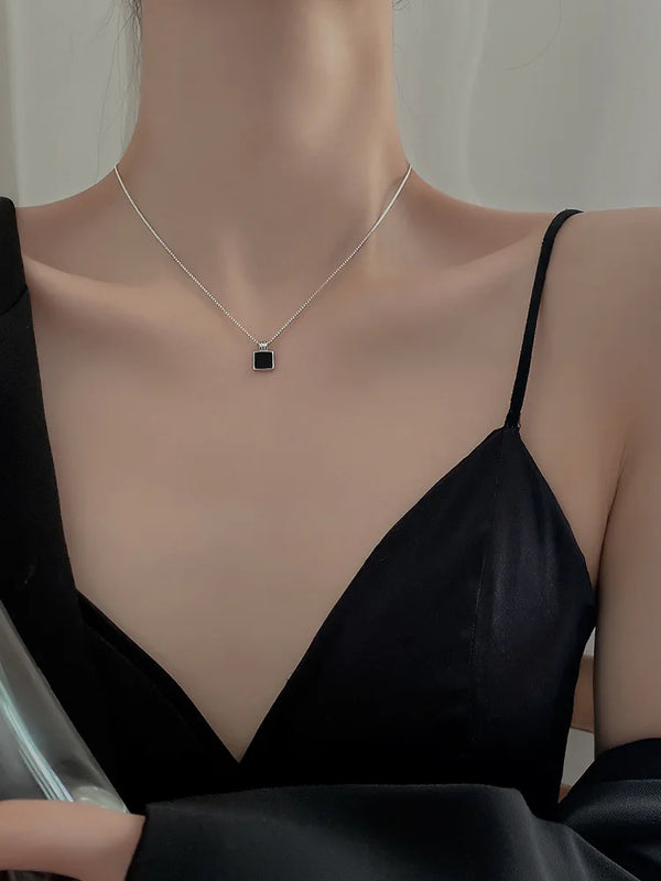 S925 Sterling Silver Square Pendant Necklace Chain Long Necklace