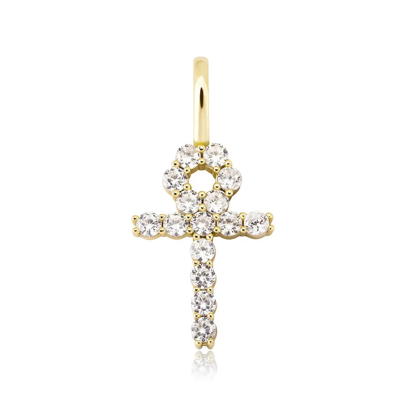Sterling Silver Ankh Cross Pendant Necklace CZ Zircon Hip Hop Bling
