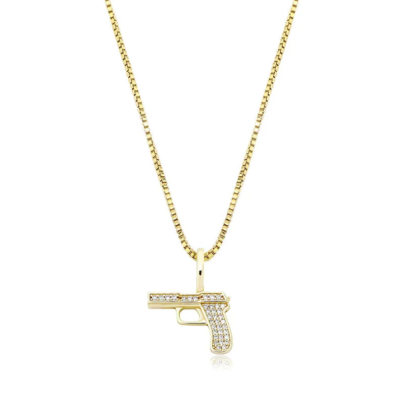 S925 Gun Pendant Necklace Bling Ice Out Women Men Hip Hop Charm Jewelry