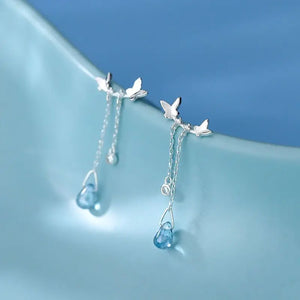 S925 Sterling Silver Water Drops Butterfly Earrings Tassel Earrings