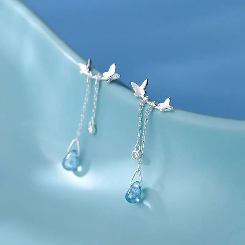 S925 Sterling Silver Water Drops Butterfly Earrings Tassel Earrings