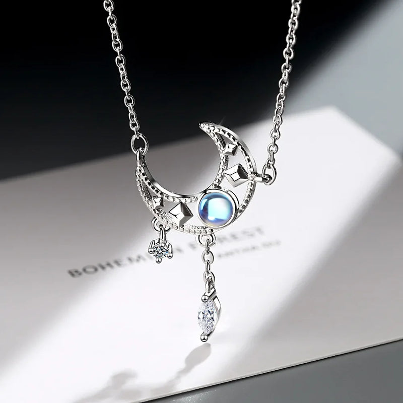 S925 Sterling Silver Moon Crystal Pendant Necklace for Women