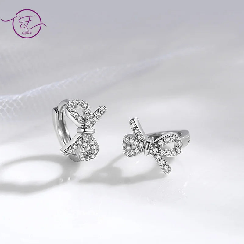 S925 Bow Hoop Earrings with Zircon, Stylish Small Earrings for Women