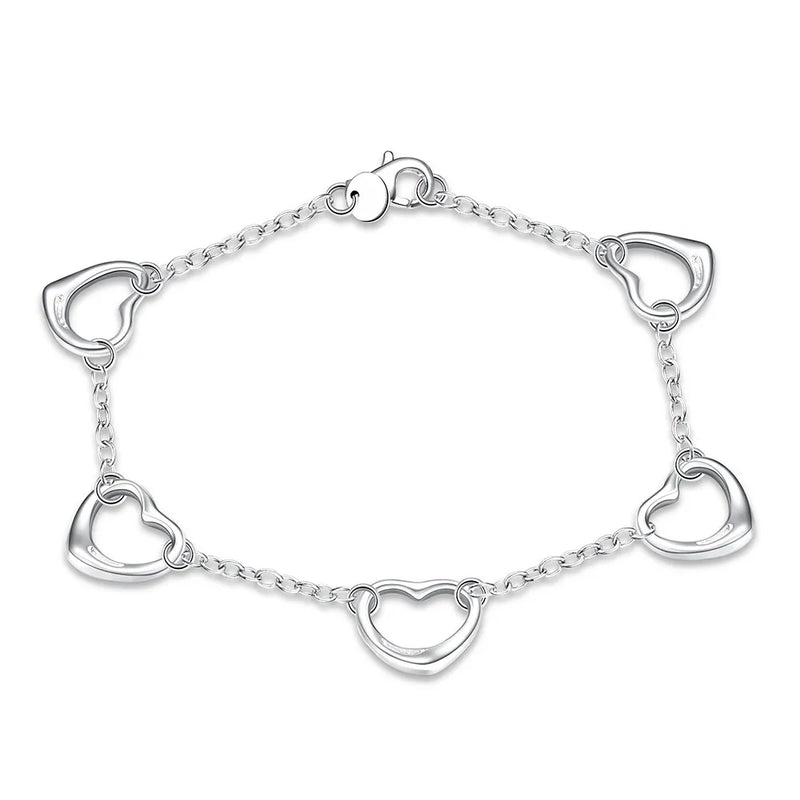 S925 Sterling Silver 8" Heart Bracelet for Women Couples Party Gift