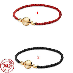 S925 Silver Bracelet Classic Red Leather String Women's Jewelry DIY