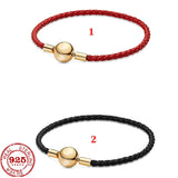 S925 Silver Bracelet Classic Red Leather String Women's Jewelry DIY