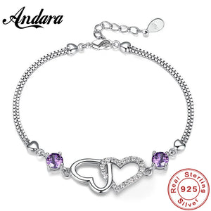 S925 Sterling Silver Bracelet with Amethyst Zircon Heart, Charm Jewelry
