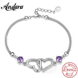 S925 Sterling Silver Bracelet with Amethyst Zircon Heart, Charm Jewelry
