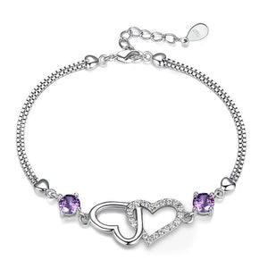 S925 Sterling Silver Bracelet with Natural Amethyst Zircon Heart Lady Bracelet